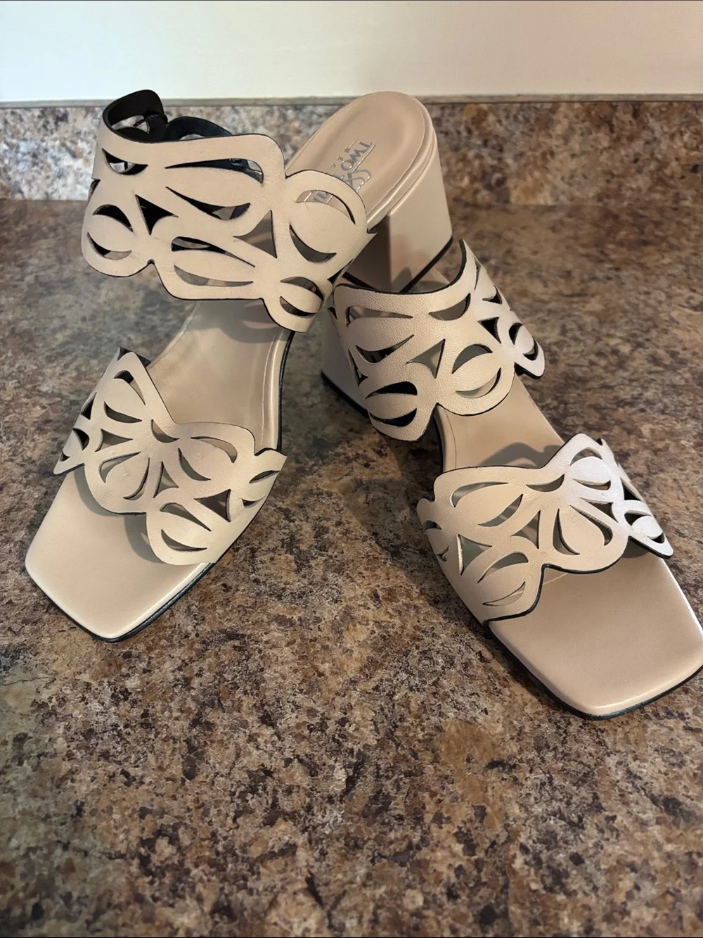 Scalloped Cutout Block Heel Sandals in Cream